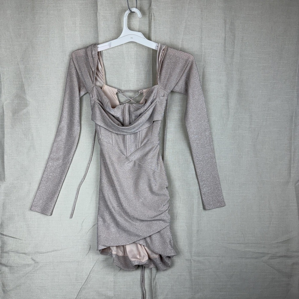 Lucy In The Sky Dress Womens Small Silver Glitter Ruched Cowl Neck Bodycon Mini